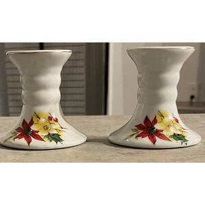 Vintage Porcelain Taper Candlestick Holders w/Poinsettia Design w/Gold Trim